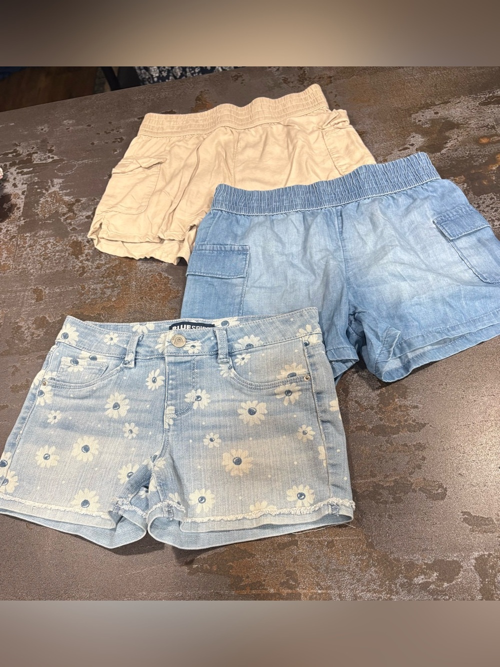 Girls Light Blue Floral Denim Shorts, Pull On Med Blue and Khaki Casual Shorts